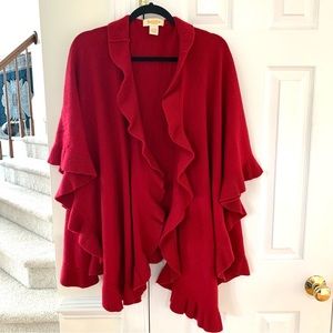 Peck & Peck Red Wool & Cashmere Ruffle Cape Wrap Poncho